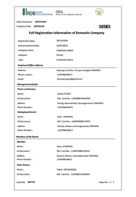 Rwanda full registration information of domestic company Word and PDF template